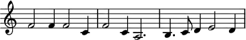 
\header {
  tagline = ##f
}
\score {
  \new Staff \with {
     \remove "Time_signature_engraver"
  }
<<
  \relative c' {
    \key c \major
    %\clef bass
    \time 3/2
    \override TupletBracket #'bracket-visibility = ##f 
     %%% f° 67
     f2 f4 f2 c4 f2 c4 a2. b4. c8 d4 e2 d4
  }
>>
  \layout {
     \context { \Score \remove "Metronome_mark_engraver" }
  }
  \midi {}
}
