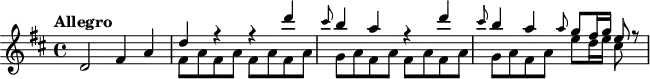 
\header {
  tagline = ##f
}
\score {
  \new Staff \with {
  }
<<
  \relative c' {
    \key d \major
    \time 4/4
    \override TupletBracket #'bracket-visibility = ##f 
    \autoBeamOff
     %%%%%%%%%%% K 81/73l
     \tempo "Allegro"   d2 fis4 a |
  << { d4 r r d' | } \\ { \repeat unfold 2 { fis,,8[ a fis a] } } >>
  << { \grace cis'8 b4 a r d | } \\ { g,,8[ a fis a] fis8[ a fis a] } >>
  << { \grace cis'8 b4 a \grace a8 g[ fis16 g] e8 r8 | } \\ { g,8[ a fis a] e'8[ d16 e] cis8 s8 } >>
  }
>>
  \layout {
    \context {
      \remove "Metronome_mark_engraver"
    }
  }
  \midi {}
}
