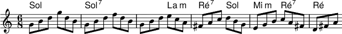 <<
  \new ChordNames \chordmode {
    \time 6/8
    \frenchChords
    g2.
    g4.*3:7
    a4.:min
    d4.:7
    g
    e:min
    d:7
    d:
  }
  \new Staff \relative c'' {
    \time 6/8
    g8 b d g d b
    g b d f d b
    g b d e c a
    fis a c d b g
    e g b c a fis
    d fis a
  }
>>
