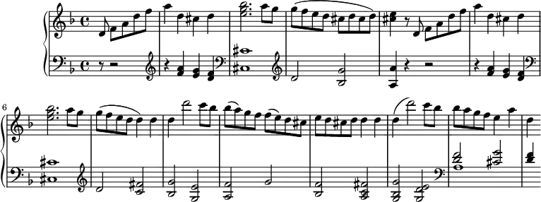 
\version "2.18.2"
\header {
  tagline = ##f
}
Theme = { d8 f a d f a4 d, cis d < bes' g e >2. a8 g g( f e d }
upper = \relative c' {
  \clef treble 
  \key d \minor
  \time 4/4
  \tempo 2 = 140
   %%Mozart — Concerto 20 mvt 3, th. 1 
   \partial 8*5 \Theme cis d cis d) < e cis >4 r8 \relative c' \Theme d4) d d d'2 c8 bes bes( a) g f f( e) d cis e d cis d d4 d d( d'2) c8 bes bes( a g f e4 a d,
}
lower = \relative c {
  \clef bass
  \key d \minor
  \time 4/4
   r8 r2 \clef treble r4 < a'' f >4 < g e > < f d >   \clef bass < cis cis,>1 \clef treble d2 < g bes, > < a a, >4 r4 r2 r4 < a f >4 < g e > < f d >
  \clef bass < cis cis,>1 \clef treble d2 < fis c >2 < g bes, > < e g, > < f a, > g2 < f bes, > < fis c a > < g bes, g > < e d g, >
  \clef bass << { < f d >2 < g cis, > < f d >4 } \\ { a,1 } >>
}
\score {
  \new PianoStaff <<
    \new Staff = "upper" \upper
    \new Staff = "lower" \lower
  >>
  \layout {
    \context {
      \Score
      \remove "Metronome_mark_engraver"
    }
  }
  \midi { }
}
