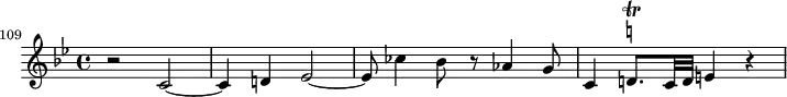 
\header {
  tagline = ##f
}
\score {
  \new Staff \with {
  }
<<
  \relative c' {
    \key bes \major
    \time 4/4
    \tempo 4 = 80
    \override TupletBracket #'bracket-visibility = ##f 
    %\autoBeamOff
    \set Staff.midiInstrument = #"French horn"
    \set Score.currentBarNumber = #109
     %%% AB 5-1 th2
\bar ""
     r2 c2~ c4 d! ees2~ ees8 ces'4 bes8 r8 aes4 g8 c,4 d!8.\trill^\markup { \natural } c32 d e!4 r4  
  }
>>
  \layout {
    \context { \Score \remove "Metronome_mark_engraver"
    }
  }
  \midi {}
}
