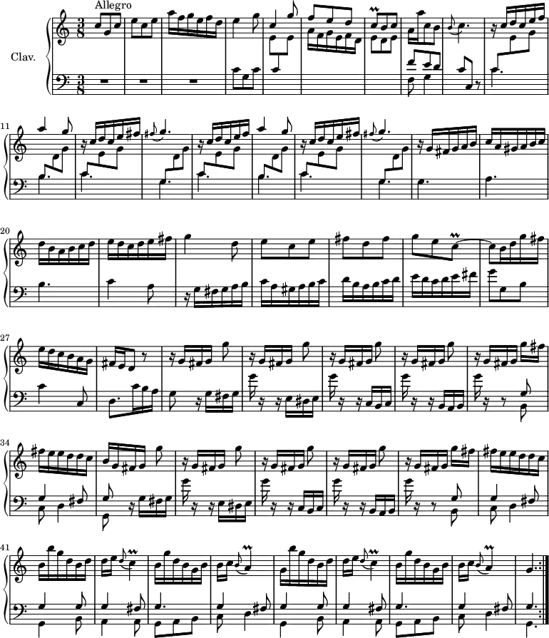 
\version "2.18.2"
\header {
  tagline = ##f
  % composer = "Domenico Scarlatti"
  % opus = "K. 251"
  % meter = "Allegro"
}
%% les petites notes
trillCq       = { \tag #'print { c8\prall~ } \tag #'midi { d32 c d c~ } }
trillC        = { \tag #'print { \appoggiatura d8 c4\prall } \tag #'midi { d32 c d c~ c8 } }
trillA        = { \tag #'print { \appoggiatura b8 a4\prall } \tag #'midi { b32 a b a~ a8 } }
appoFisG      = { \tag #'print { \appoggiatura fis8 g4. } \tag #'midi { fis4 g8 } }
appoBC        = { \tag #'print { \appoggiatura b8 c4. } \tag #'midi { b4 c8 } }
upper = \relative c'' {
  \clef treble 
  \key c \major
  \time 3/8
  \tempo 4. = 68
  \set Staff.midiInstrument = #"harpsichord"
  \override TupletBracket.bracket-visibility = ##f
  \repeat volta 2 {
      s8*0^\markup{Allegro}
      c8 g c | e c e | a16 f g e f d | e4 g8 | \stemUp c,4 g'8 | f8 e d 
      % ms. 7
      \trillCq b8 c | \stemNeutral  a16 a' c,8 b | \appoBC |
      % ms. 10
      \repeat unfold 2 { \stemUp r16 c16 d c e f | a4 g8 | r16 c,16 d c e fis | \appoFisG } | \stemNeutral r16 g,16 fis g a b | c a gis a b c |
      % ms. 20
      d16 b a b c d | e d c d e fis | g4 d8 | e c e | fis d fis | g e \trillCq |
      % ms. 26
      c8 b16 d g fis | e d c b a g | fis e d8 r8 | \repeat unfold 4 { r16 g[ fis g] g'8 } |
      % ms. 33
      r16 g,16[ fis g] g' fis | fis e e d d c | b[ g fis g] g'8 | \repeat unfold 3 { r16 g,16[ fis g] g'8 } | 
      % ms. 39
      r16 g,16[ fis g] g' fis | fis e e d d c | b b' g d b d | d e \trillC | b16 g' d b g b |
      % ms. 44
      b16 c \trillA  | g16 b' g d b d | d e \trillC | b16 g' d b g b | b c \trillA | g4. }%repet
}
lower = \relative c' {
  \clef bass
  \key c \major
  \time 3/8
  \set Staff.midiInstrument = #"harpsichord"
  \override TupletBracket.bracket-visibility = ##f
  \repeat volta 2 {
    % ************************************** 
      R4.*3 | c8 g c | \stemDown \change Staff = "upper" e \stemUp \change Staff = "lower" c \stemDown \change Staff = "upper" e | a16 f g e f d |
      % ms. 7
      e8 d e | \stemUp \change Staff = "lower" << { f8 e d } \\ { f,8 g4 } >> | c8   \tempo 4. = 56 c, r8 |   \tempo 4. = 68
      \repeat unfold 2 { << { c'8 \stemDown \change Staff = "upper" e g | \stemUp  \change Staff = "lower"  b, \stemDown \change Staff = "upper" d g | \stemUp  \change Staff = "lower"  c, \stemDown \change Staff = "upper" e g | \stemUp  \change Staff = "lower"  g, \stemDown \change Staff = "upper" d' g } \\ { \mergeDifferentlyDottedOn c,4. b c g } >> } \stemNeutral 
      % ms. 18
      g4. a b c4 a8 |
      % ms. 22
      r16 g fis g a b | c a gis a b c | d b a b c d | e d c d e fis |
      % ms. 26
      g8 g, b | c4 c,8 | d8. c'16 b a | g8 r16 g16 fis g | g'16 r16 r16 e,16 dis e | g'16 r16 r16 c,,16 b c 
      % ms. 32
      g''16 r16 r16 b,,16 a b | g''16 r16 r8 << { g,8 | g4 fis8 | g } \\ { b,8 | c8 d4 | g,8 } >> r16
      g'16 fis g | g'16 r16 r16 e,16 dis e | g'16 r16 r16 c,,16 b c | g''16 r16 r16 b,,16 a b | g''16 r16 r8
      % ms. 39
      << { g,8 | g4 fis8 } \\ { b,8 | c8 d4 } >>
      % ms. 41
      \repeat unfold 2 { << { g4 g8 | g4 fis8 | g4. | g4   \tempo 4. = 56 fis8 \tempo 4. = 68 } \\ { g,4 b8 | a4 a8 | g a b | c d4 } >> } \tempo 4. = 56
      % ms. 44
      << { g4. } \\ { g,4. } >>   \tempo 4. = 68 }%repet
}
thePianoStaff = \new PianoStaff <<
    \set PianoStaff.instrumentName = #"Clav."
    \new Staff = "upper" \upper
    \new Staff = "lower" \lower
  >>
\score {
  \keepWithTag #'print \thePianoStaff
  \layout {
      #(layout-set-staff-size 17)
    \context {
      \Score
     \override SpacingSpanner.common-shortest-duration = #(ly:make-moment 1/2)
      \remove "Metronome_mark_engraver"
    }
  }
}
\score {
  \unfoldRepeats
  \keepWithTag #'midi \thePianoStaff
  \midi { }
}
