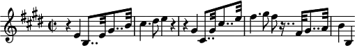 
\header {
  tagline = ##f
}
\score {
  \new Staff \with {
  }
<<
  \relative c' {
    \clef treble
    \key e \major
    \time 2/2
    \tempo 2 = 55
    \override TupletBracket #'bracket-visibility = ##f
    %\autoBeamOff
    \set Staff.midiInstrument = #"string ensemble 1"
     %%%%%%%%%%%%%%%%%%%%%%%%%% AB 7-4 th1
     r4 e4 b8..[ e32 gis8.. b32] cis4. dis8 e4 r4 r4 gis,4 cis,8..[ gis'32 cis8.. e32] fis4. gis8 fis8 r16.. fis,32[ gis8.. a32] b4 b,
  }
>>
  \layout {
    \context { \Score \remove "Metronome_mark_engraver"
    \override SpacingSpanner.common-shortest-duration = #(ly:make-moment 1/2)
    }
  }
  \midi {}
}
