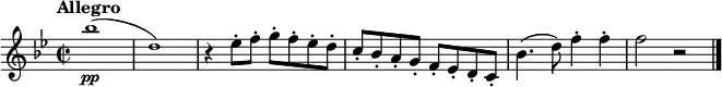 
\new Staff \with {
  midiInstrument = "violin"
}
\relative c''' {
  \tempo "Allegro"
  \tempo 2 = 90
  \key bes \major
  \time 2/2
  \tiny bes1\pp (| d,)
  \normalsize r4 es8-. f-. g-. f-. es-. d-. 
  c-. bes-. a-. g-. f-. es-. d-. c-. 
  bes'4. (d8) f4-. f-.
  f2 r \bar "|."
}
