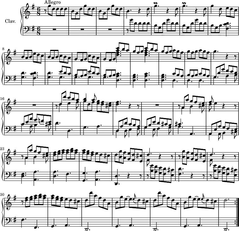 
\version "2.18.2"
\header {
  tagline = ##f
  % composer = "Domenico Scarlatti"
  % opus = "K. 372"
  % meter = "Allegro"
}
%% les petites notes
trillGp      = { \tag #'print { g4.\prall } \tag #'midi { a32 g a g~ g4 } }
upper = \relative c'' {
  \clef treble 
  \key g \major
  \time 6/8
  \tempo 2 = 72
  \set Staff.midiInstrument = #"harpsichord"
  \override TupletBracket.bracket-visibility = ##f
  \repeat volta 2 {
      s8*0^\markup{Allegro}
      r8 g'8 d d d d | \repeat unfold 2 { b8 g d' g d d } | b4. r4 d8 |
      % ms. 5
      \repeat unfold 2 { \trillGp r4 d8 } | g4 d8 \repeat unfold 2 { e8 d c | b a b } \repeat unfold 2 { c8 b a |
      % ms. 10
      g8 fis g } \repeat unfold 2 { << { c'8 b a | g fis g } \\ { < d fis a >4. } >> } a'8 g fis | g fis g a g fis |
      % ms. 15
      g4. r4 r8 | R2. | r8 << { d8 d' c b a | b4 a8 } \\ { d,4 e4 fis8 | g d fis } >> < e g >8 < d fis > < cis e >
      % ms. 19
      < d fis >4. r4 r8 | R2. | r8 << { a8 a' g fis e | fis } \\ { a,4 b cis8 d } >> e4 r4 r8 |
      % ms. 23
      r8 << { a,8 a' g fis e } \\ { a,4 b cis8 } >> | < d fis >8 < e g > < fis a > q < g b > < fis a > | q < e g > < d fis > e d cis | d
      % ms. 26/29
      \repeat unfold 2 { < b g' >8 < a fis' > < g e' > < fis d' > < e cis' > << { d'4. } \\ { fis,8 } >> r4 r8 | r8 } < d' fis >8 < e g > < fis a > < g b > < fis a > | q < e g > < d fis > e d cis |
      % ms. 32
      \repeat unfold 2 { d8 d' a fis d a | b g' e~ e \appoggiatura e16 d8 cis } | d2. }%repet
}
lower = \relative c' {
  \clef bass
  \key g \major
  \time 6/8
  \set Staff.midiInstrument = #"harpsichord"
  \override TupletBracket.bracket-visibility = ##f
  \repeat volta 2 {
    % ************************************** \appoggiatura a16  \repeat unfold 2 {  } \times 2/3 { }   \omit TupletNumber 
      R2.*3 | r8 g'8 d d d d | 
      % ms. 5
      \repeat unfold 2 { b8 g d' g d d } | b g b \repeat unfold 2 { < fis c' d >4. | < g d' > } 
      % ms. 9 suite…
      \repeat unfold 2 { << { e'8 d c | b a b  } \\ { \mergeDifferentlyDottedOn g4. | g } >> } \repeat unfold 2 { < d a' c >4. | < d g b > } << { c'8 b a | b a b c b a } \\ { d,4. | d d } >>
      % ms. 15
      << { g8 d' g fis e d | c e a g f e } \\ { g,4. a4 b8 | c4 a8 b4 cis8 } >> | d4. d, | g a |
      % ms. 19
      << { d,8 a' d c b a | g b e d cis b | cis4. } \\ { d,4 d8 e4 fis8 | g4 e8 fis4 g8 | a4. } >> a,4. | << { a8 e' a g fis e } \\ { a,4 a8 b4 cis8 } >>
      % ms. 23
      < d fis >4. < a a' > | < d a' > fis | < g, g' > < a a' > | < d, d' > r4 r8 | r8 < b'' g' >8 < a fis' > < g e' > < fis d' > < e cis' > |
      % ms. 28
      < fis d' >4. r4 r8 | r8 < b g' >8 < a fis' > < g e' > < fis d' > < e cis' > | fis4. fis, | \repeat unfold 2 { g a | 
      % ms. 32
      d,2. } | g4.   \tempo 2 = 62 a |   \tempo 2 = 42 d,2.   \tempo 2 = 72 }%repet
}
thePianoStaff = \new PianoStaff <<
    \set PianoStaff.instrumentName = #"Clav."
    \new Staff = "upper" \upper
    \new Staff = "lower" \lower
  >>
\score {
  \keepWithTag #'print \thePianoStaff
  \layout {
      #(layout-set-staff-size 17)
    \context {
      \Score
     \override SpacingSpanner.common-shortest-duration = #(ly:make-moment 1/2)
      \remove "Metronome_mark_engraver"
    }
  }
}
\score {
  \unfoldRepeats
  \keepWithTag #'midi \thePianoStaff
  \midi { }
}
