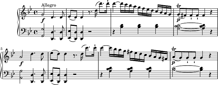 
\version "2.18.2"
\header {
  tagline = ##f
}
upper = \relative c' {
         \clef "treble" 
         \tempo "Allegro"
         \key bes \major
         \time 4/4 
         \tempo 4 = 130
     g'2 \f ^\markup {Allegro} d4.  d8
     ees (d) d4 r8. d'16 (d'8.) d16-!
     d4 ~ d16 c bes a g f ees d c bes a g
     g8\p \trill  (fis) fis-! fis-! fis4 r
      a2 \f  d4.  d8
     ees (d) d4 r8. d16 (c'8.) c16-!
     c4 ~ c16 bes a g fis ees d c bes a g fis
     a8\p \trill  (g) g-! g-! g4 r
}
lower =\relative c {      
         \clef "bass" 
         \key bes \major
         \time 4/4  
     < g g'>2   <d d'>4.  <d d'>8
     <ees ees'> (<d d'>) <d d'>4 r2
     r4 <bes'' d> <bes d> <bes d>
     <a  c d > 2 ~ <a  c d >4 r
     < a, a'>2   <d, d'>4.  <d d'>8
     <ees ees'> (<d d'>) <d d'>4 r2
     r4 <a'' c d> <a c d> <a c d>
      <bes d>2 ~ <bes d>4 r
  }     
\score {
  \new PianoStaff <<  
    \new Staff = "upper" \upper
    \new Staff = "lower" \lower
  >>
  \layout {
    \context {
      \Score
      \remove "Metronome_mark_engraver"
    }
  }
  \midi { }
}
