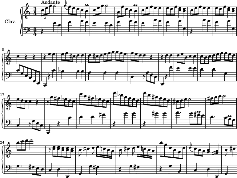 
\version "2.18.2"
\header {
  tagline = ##f
  % composer = "Domenico Scarlatti"
  % opus = "K. 165"
  % meter = "Andante"
}
%% les petites notes
trillB       = { \tag #'print { b4\prall } \tag #'midi { \times 2/3 { c32 b c } b16~ b8 } }
trillFisq    = { \tag #'print { fis8\prall } \tag #'midi { \times 2/3 { g32 fis g } fis16 } }
trillBq      = { \tag #'print { b8\prall } \tag #'midi { \times 2/3 { c32 b c } b16 } }
upper = \relative c'' {
  \clef treble 
  \key c \major
  \time 3/4
  \tempo 4 = 80
  \set Staff.midiInstrument = #"harpsichord"
  \override TupletBracket.bracket-visibility = ##f
      s8*0^\markup{Andante}
      \times 2/3 { c8 e g }  g2 | \omit TupletNumber \appoggiatura g16 \times 2/3 { f8 e d } c4 \trillB | \times 2/3 { c8 e g }  g2 | \times 2/3 { a,8 f' d } c4 \trillB
      % ms. 5
      \repeat unfold 2 { \times 2/3 { c8 e f } e4 e | \times 2/3 { e8 d f } < c e >4 < b d > } | c4 r4 r4 |
      % ms. 10
      r4 e4 e | \times 2/3 { e8 f cis } d4 d | \times 2/3 { d8 cis d } \times 2/3 { e8[ f g] } \times 2/3 { g8 f e } | \times 2/3 { f8 e d } d4 r4 | r4 d4 d |     
      % ms. 15
      \times 2/3 { d8 e b } c4 c | \times 2/3 { c8 b c } \times 2/3 { d8[ e f] } \times 2/3 { f8 e d } | \times 2/3 { e8 d c } c4 r4 | r8 g'8 fis ees d c | c' a fis ees d c |  
      % ms. 20
      d'8 bes g f e d | d' b gis f e d | \times 2/3 { cis8 d e } e2 | \times 2/3 { fis8 g a } a2 | \times 2/3 { b8 c d } d2 | 
      % ms. 35
      r8 < c, e >8 q < b d > q < a c > | \repeat unfold 2 { b cis4 d8 e16 c b a } | b'8 g d b g d' | \appoggiatura d16 \times 2/3 { c8 b a } < g b >4 < fis a >
      % ms. 30
      b8 cis4*1/2
}
lower = \relative c' {
  \clef bass
  \key c \major
  \time 3/4
  \set Staff.midiInstrument = #"harpsichord"
  \override TupletBracket.bracket-visibility = ##f
    % ************************************** \appoggiatura a16  \repeat unfold 2 {  } \times 2/3 { }   \omit TupletNumber 
      r4 \repeat unfold 2 { e4 c | f g f |
      % ms. 5 suite
      e4 } a g | f g g, | r4 a'4 g | f g g, | c8 g e c g e |
      % ms. 10
      c4 r4 c''4 | bes bes bes | a a a | d, r8 a'8 f d | d,4 r4 f''4 |
      % ms. 15
      e4 e e | d d g, | c, r8 g'8 e c | c,4 r4 c''4 | d d fis |
      % ms. 20
      r4 g4 g | r4 gis4 gis | a4. g8 \trillFisq e8 | d4. c8 \trillBq a8 | g4. fis8 e d |
      % ms. 35
      c4 d d, | g g' fis | r4 g4 fis | r4 g4 b, | c d d, | 
      % ms. 30
      g4
}
thePianoStaff = \new PianoStaff <<
    \set PianoStaff.instrumentName = #"Clav."
    \new Staff = "upper" \upper
    \new Staff = "lower" \lower
  >>
\score {
  \keepWithTag #'print \thePianoStaff
  \layout {
      #(layout-set-staff-size 17)
    \context {
      \Score
     \override SpacingSpanner.common-shortest-duration = #(ly:make-moment 1/2)
      \remove "Metronome_mark_engraver"
    }
  }
}
\score {
  \keepWithTag #'midi \thePianoStaff
  \midi { }
}
