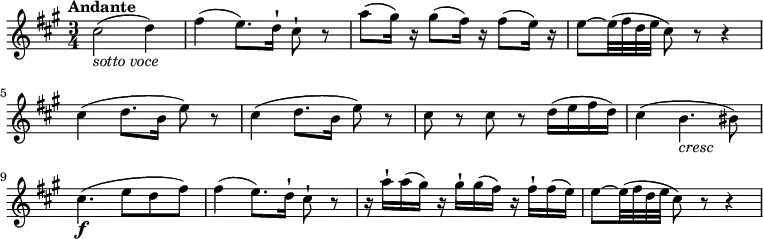 
  \relative c'' {
    \version "2.18.2"
    \key a \major 
    \tempo "Andante"
    \time 3/4
    \tempo 4 = 50
    cis2_\markup{\italic {sotto voce}}  (d4)
   fis (e8.) d16-! cis8-! r8
   a'8 (gis16) r16 gis8 (fis16) r16 fis8 (e16) r16
   e8 ~ e32 (fis d e cis8) r8 r4
   cis4 (d8. b16 e8) r8
   cis4 (d8. b16 e8) r8
   cis r cis r d16 (e fis d)
   cis4 (b4._\markup{\italic {cresc}} bis8)
   cis4.\f (e8 d fis)
   fis4 (e8.) d16-! cis8-! r
   r16 a'-! a (gis) r gis-! gis (fis) r fis-! fis (e)
   e8 ~ e32 (fis d e cis8) r8 r4
}
