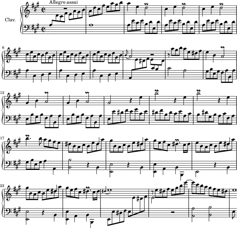 
\version "2.18.2"
\header {
  tagline = ##f
  % composer = "Domenico Scarlatti"
  % opus = "K. 533"
  % meter = "Allegro assai"
}
%% les petites notes
trillDb     = { \tag #'print { d2\prall } \tag #'midi { \times 2/3 { e16 d e } d8~ d4 } }
trillAb     = { \tag #'print { a2\prall } \tag #'midi { \times 2/3 { b16 a b } a8~ a4 } }
trillBbUp   = { \tag #'print { b'2\prall } \tag #'midi { \times 2/3 { cis16 b cis } b8~ b4 } }
trillBpUp   = { \tag #'print { b'4.\prall } \tag #'midi { \times 2/3 { cis16 b cis } b4 } }
trillDisp   = { \tag #'print { dis4.\prall } \tag #'midi { \times 2/3 { e16 dis e } dis4 } }
upper = \relative c'' {
  \clef treble 
  \key a \major
  \time 2/2
  \tempo 2 = 102
  \set Staff.midiInstrument = #"harpsichord"
  \override TupletBracket.bracket-visibility = ##f
      s8*0^\markup{Allegro assai}
      R1 | a8 d cis fis e a gis b | a4 e \trillDb | \repeat unfold 2 { cis4 e \trillDb }
      % ms. 6
      \repeat unfold 3 { cis8 e a, cis b d gis, b } | 
      % ms. 9
      \appoggiatura b8 a2 b2\rest | r8 a'8 gis b a e dis fis | e4 b \trillAb | \repeat unfold 2 { gis4 b \trillAb } |
      % ms. 14
      gis2  \repeat unfold 2 { r4 e'4 \trillBbUp } | r4 e,4 |
      % ms. 17
      \trillBpUp b8 a gis fis e |  << { s4 s2 dis4 } \\ { dis8 b a cis b e dis a' } >> << { s4 s2 dis,4 } \\ { gis8 b,8 a cis b e dis a' } >> gis8 e8 fis cis \trillDisp cis16 dis |
      % ms. 21
      << { \repeat unfold 2 { s4 s2 dis4 } } \\ { e8 b a cis b e dis a' gis b, a cis b e dis a' } >> gis8 e fis cis \trillDisp cis16 dis | \appoggiatura dis4 e1 |
      % ms. 25
      cis8\rest e8 dis fis e gis b e~ | e8 cis b a gis fis e dis | e1*1/8
}
lower = \relative c' {
  \clef bass
  \key a \major
  \time 2/2
  \set Staff.midiInstrument = #"harpsichord"
  \override TupletBracket.bracket-visibility = ##f
    % **************************************
      \stemUp a8 \stemDown \change Staff = "upper" d cis fis e a gis b \change Staff = "lower" | a,1 | \repeat unfold 3 { a8 e' cis e b d e, d' } |
      % ms. 6
      \repeat unfold 3 { a4 cis, d e } | 
      % ms. 9
      \stemUp a,8 \stemDown \change Staff = "upper" e'' dis fis e8 \stemUp \change Staff = "lower" cis b \stemDown \change Staff = "upper" dis | \stemNeutral \change Staff = "lower" cis2 a | gis8 b e, gis fis a b, a' | \repeat unfold 2 { e b' gis b  fis a b, a' } |
      % ms. 14
      e8 e' dis fis e gis cis, e | dis fis b, dis cis e a, cis | b dis gis, b a cis fis, a |
      % ms. 17
      gis8 b e, gis a4 a, | < b b' >2 r4 b4 | < e, e' >2 r4 b'4 | < e, e' >4 a b b, | 
      % ms. 21
      e2 r4 b'4 |  < e, e' >2 r4 b'4 | < e, e' >4 a b b, | e8 e' dis fis e \stemDown \change Staff = "upper" e' dis fis |
      % ms. 25
      e2 \change Staff = "lower"  r2 | < a,, a' >2 < b b' > | e8
}
thePianoStaff = \new PianoStaff <<
    \set PianoStaff.instrumentName = #"Clav."
    \new Staff = "upper" \upper
    \new Staff = "lower" \lower
  >>
\score {
  \keepWithTag #'print \thePianoStaff
  \layout {
      #(layout-set-staff-size 17)
    \context {
      \Score
     \override SpacingSpanner.common-shortest-duration = #(ly:make-moment 1/2)
      \remove "Metronome_mark_engraver"
    }
  }
}
\score {
  \keepWithTag #'midi \thePianoStaff
  \midi { }
}
