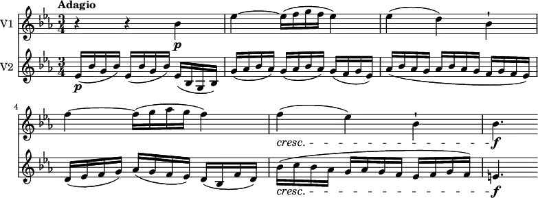 
  \version "2.18.2"
 <<
\new Staff \with { instrumentName = #"V1 "}  \relative c'' {
    \version "2.18.2"
    \key ees \major 
    \tempo "Adagio"
    \tempo 4 = 50
    \time 3/4
   r4 r bes \p
   ees ~ ees16 (f g f ees4) 
   ees (d) bes-!
   f' ~ f16 (g aes g f4)
   f \cresc (ees) bes-!
   bes4. \f
}
\new Staff \with { instrumentName = #"V2 "}  \relative c' {
    \key ees \major 
    \clef "treble"
    \time 3/4
    \set Staff.midiMinimumVolume = #0.2 \set Staff.midiMaximumVolume = #0.5
   ees16 \p (bes' g bes) ees, (bes' g bes) ees, (bes g bes)
   g' (aes bes aes) g (aes bes aes) g (f g ees)
   aes (bes aes g aes bes aes g f g f ees)
   d (ees f g) aes (g f ees) d (bes f' d)
   bes' \cresc (c bes aes g aes g f ees f g f)
   e4. \f
}
>>
