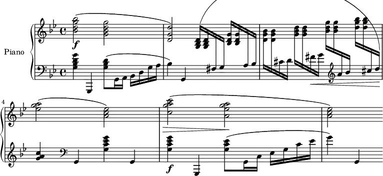 
\version "2.14.2"
\header {
  tagline = ##f
}
upper = \relative c'' {
  \clef treble 
  \key bes \major
  \time 4/4
  \tempo 4 = 126
  %\autoBeamOff
  < bes' g d bes>2\f( < g d bes g > < d g, d >)
   \repeat unfold 2 { < d, bes g >16^( }  
   \dynamicUp \change Staff = "lower" fis,16 g
    \change Staff = "upper" \repeat unfold 2 { < g' d bes >16 }
   \dynamicUp \change Staff = "lower" a, bes
    \change Staff = "upper" \repeat unfold 2 { < bes' g d >16 }
   \dynamicUp \change Staff = "lower" cis, d\!
    \change Staff = "upper" \repeat unfold 2 { < d' bes g >16 }
   \dynamicUp \change Staff = "lower" fis,_\< g
    \change Staff = "upper" \repeat unfold 2 { < g' d bes >16 }
   \dynamicUp \change Staff = "lower" \clef treble  a, bes
    \change Staff = "upper" \repeat unfold 2 { < bes' g d >16 }
   \dynamicUp \change Staff = "lower" \clef treble  cis, d)\!
   \change Staff = "upper" < a' g ees >2( < ees c a >)
   < c' a g c, >2_\>( < a g ees a, >\! < ees c a >)
}
lower = \relative c' {
  \clef bass
  \key bes \major
  \time 4/4
   < g' d bes g >4 g,,, < d''' bes g >8( g,,16 a bes d g a bes4)
   g,4 s2 s1 
   \clef treble < c'' a g >4 \clef bass g,, < g'' ees c g > g,, < g'' ees c g >\f g,,,
   < ees''' c g >8( g,,16 c ees g c ees g4) g,,
} 
\score {
  \new PianoStaff <<
    \set PianoStaff.instrumentName = #"Piano"
    \new Staff = "upper" \upper
    \new Staff = "lower" \lower
  >>
  \layout {
    \context {
      \Score
      \remove "Metronome_mark_engraver"
    }
  }
  \midi { }
}
