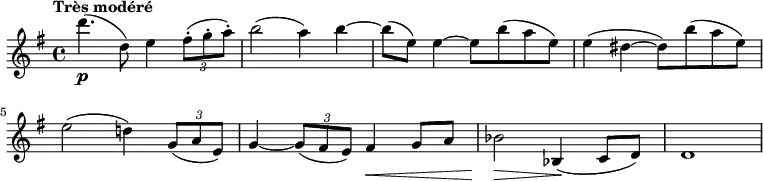 
\new Staff \with {midiInstrument = #"violin"} {
  \version "2.18.2"
  \relative c''{
  \key e \minor
  \time 4/4
  \tempo "Très modéré"
  d'4.\p (d,8) e4 \tuplet 3/2 { fis8-. (g-. a-.) }
  b2 (a4) b4 ~ b8 (e,) e4 ~ e8 b' (a e)
  e4 (dis ~ dis8)  b' (a e)
  e2 (d!4) \tuplet 3/2 { g,8 (a e) }
  g4 ~ \tuplet 3/2 { g8 (fis e) } fis4 \< g8 a
  bes2 \>  bes,4 \! (c8 d)
  d1
  }
}
  \midi {
    \context {
      \Score
      tempoWholesPerMinute = #(ly:make-moment 90 4)
    }
  }
