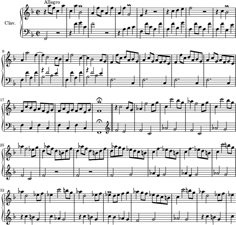 
\version "2.18.2"
\header {
  tagline = ##f
  % composer = "Domenico Scarlatti"
  % opus = "K. 378"
  % meter = "Allegro"
}
%% les petites notes
trillBesbDown     = { \tag #'print { bes,2\prall } \tag #'midi { c16 bes c bes~ bes4 } }
trillBesb         = { \tag #'print { bes2\prall } \tag #'midi { c16 bes c bes~ bes4 } }
trillGbDown       = { \tag #'print { g,2\prall } \tag #'midi { a16 g a g~ g4 } }
trillFr           = { \tag #'print { f1\prall\fermata } \tag #'midi { \repeat unfold 3 { g16 f~ } \tempo 2 = 40 f8~ f2 \tempo 2 = 92 } }
trillEes          = { \tag #'print { ees4\prall } \tag #'midi { f16 ees f ees } }
upper = \relative c'' {
  \clef treble 
  \key f \major
  \time 2/2
  \tempo 2 = 92
  \set Staff.midiInstrument = #"harpsichord"
  \override TupletBracket.bracket-visibility = ##f
      s8*0^\markup{Allegro}
      r4 a'8 f \repeat unfold 2 { c4 a' } \trillBesbDown | a4 f'8 c \repeat unfold 2 { a4 f' } \trillGbDown |
      % ms. 5
      f4 r4 r2 | r4 c'4 d e | f2 r2 | r4 c4 \trillBesb | a4 a'2 f4~ |
      % ms. 10
      f4 d2 c8 bes | a4 f'2 c4~ | c bes2 a8 g | \repeat unfold 2 { f4 f'8 c d a bes g | a4 c8 g a f g e } |
      % ms. 17
      f8 c' bes g a f e g | f a e g f a e g | \trillFr 
      % ms. 20
      r4 c'2 bes8 g | aes4 f'2 e8 g | c,4 c'2 bes8 g | aes4 f2 e8 g | c,4 c'2 bes8 g |
      % ms. 25
      aes4 f2 ees8 g | \repeat unfold 2 { d4 aes'8 f d b d f } | d8 aes' g f ees d c b |
      % ms. 29
      \repeat unfold 2 { c4 f4. ees8 d b } | c4 c'2 b8 g | aes4 d,2 ees8 f | ees4 c'2 b8 g |
      % ms. 34
      aes4 d,2 ees8 f \trillEes d8 ees f4 g | aes4 g8 f ees d c b | c4 c'2 b8 g | aes4 d,2 ees8 f |
      % ms. 39
      ees4 
      % ms. 43
      % ms. 47
}
lower = \relative c' {
  \clef bass
  \key f \major
  \time 2/2
  \set Staff.midiInstrument = #"harpsichord"
  \override TupletBracket.bracket-visibility = ##f
    % ************************************** \appoggiatura a16  \repeat unfold 2 {  } \times 2/3 { }   \omit TupletNumber 
      f,,2 r2 | r4 f''4 g c, | f2 r2 | r4 a, bes c | 
      % ms. 5
      f,4 f'8 c a4 f' | a, f' bes, g' | a, f'8 c a4 f' | a, f' g, e' | f, f' a, f' |
      % ms. 10
      << { r4 f2 e4 } \\ { bes2 c } >> | f,4 f' a, f' | << { r4 f2 e4 } \\ { bes2 c } >> |
      % ms. 14
      \repeat unfold 4 { f,2. c4 } | \repeat unfold 4 { f4 c } f,1\fermata  \bar "||"   \clef treble 
      % ms. 20
      f''2 e | \repeat unfold 2 { f c | aes' g } |
      % ms. 25
      f2 c | \repeat unfold 2 { f r2 } | f2 g |
      % ms. 29
      \repeat unfold 2 { aes4 f g2 } | aes2 g | r4 c4 b g | c aes g2 |
      % ms. 34
      r4 c4 b g | c bes aes g | f2 g | aes g | r4 c b g |
      % ms. 39
      c4
      % ms. 43
      % ms. 47
}
thePianoStaff = \new PianoStaff <<
    \set PianoStaff.instrumentName = #"Clav."
    \new Staff = "upper" \upper
    \new Staff = "lower" \lower
  >>
\score {
  \keepWithTag #'print \thePianoStaff
  \layout {
      #(layout-set-staff-size 17)
    \context {
      \Score
     \override SpacingSpanner.common-shortest-duration = #(ly:make-moment 1/2)
      \remove "Metronome_mark_engraver"
    }
  }
}
\score {
  \keepWithTag #'midi \thePianoStaff
  \midi { }
}
