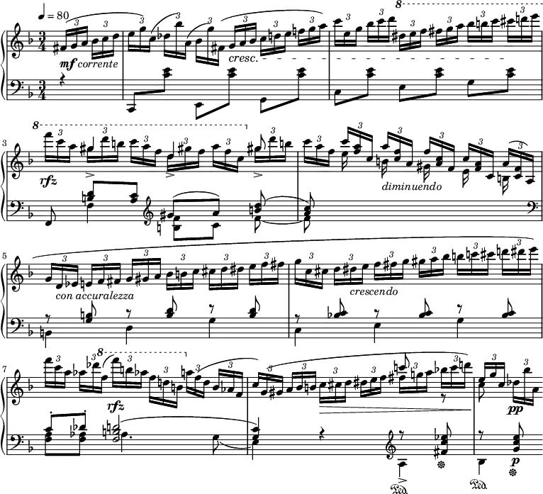 
\new PianoStaff <<
  \new Staff = "right" <<
    \relative c' {
      \key f \major
      \numericTimeSignature
      \time 3/4
      \partial 4
      \tempo 4=80
      \stemNeutral
      \times 2/3 { fis16[(_\markup {\dynamic mf \italic corrente} g a] } \times 2/3 { bes c d }
      \times 2/3 { e[ g) c,]( } \times 2/3 { des bes') a,( } \times 2/3 { bes[ g') fis,]( } \times 2/3 { g\cresc a bes } \times 2/3 { c[ d e] } \times 2/3 { f! g a) }
      \times 2/3 { c[ e, g] } \times 2/3 { bes c d } \ottava #1 \times 2/3 { dis[ e f] } \times 2/3 { fis g a } \times 2/3 { bes[ b c] } \times 2/3 { cis\! d! e }
      \times 2/3 { f[\rfz c a] } \stemDown \times 2/3 { gis16[ d' b] } \times 2/3 { c[ a f] } \times 2/3 { d16[ gis! f] } \times 2/3 { a[ f c] } \ottava #0 \times 2/3 { gis16[ d' b!] }
      \times 2/3 { c16 a f } \stemUp \times 2/3 { c'[ <f, a> c] }\times 2/3 { a'_\markup{\italic "diminuendo"}[ <c, f> a] }\times 2/3 { f'[ <a, c> f] }\times 2/3 { c'[ <f, a> c] }\times 2/3 { a'[( <c, f> a] }
      \stemNeutral \times 2/3 { g'16[ d_\markup{\italic "con accuralezza"} es] } \times 2/3 { e f fis } \times 2/3 { g[ gis a] }\times 2/3 { bes b c }\times 2/3 { cis[ d dis] }\times 2/3 { e f fis }
      \times 2/3 { g[ c, cis] }\times 2/3 { d dis_\markup{\italic crescendo} e }\times 2/3 { f[ fis g] }\times 2/3 { gis a bes }\times 2/3 { b[ c! cis] }\times 2/3 { d! dis e) }
      \times 2/3 { f[ c a] } \times 2/3 { aes des \ottava #1 f( }\times 2/3 { f'[)\rfz b, aes] } \times 2/3 { f d! b } \ottava #0 \times 2/3 { a[ f( d] } \times 2/3 { bes aes f }
      \times 2/3 { c'[) g( gis] } \times 2/3 { a bes b } \times 2/3 { c\>[ cis d] } \times 2/3 { dis e f } \times 2/3 { fis[ g! a] } \times 2/3 { bes! c d!\!) }
      \stemUp \times 2/3 { e,[ g c,] } \stemDown \times 2/3 { des\pp bes' a, }
    }
    \\
    \relative c'''' {
      \key f \major
      \numericTimeSignature
      \time 3/4
      \partial 4
      \tempo 4=80
      s4
      s2.*2
      s8 \stemUp gis4-> d4-> gis,!8->
      s8 \stemDown e16 s b s gis s e s b! s
      s2.*3
      s2 \stemUp c''!8 r
      \stemDown c,
    }
  >>
  \new Staff = "left" \with {
    midiInstrument = "acoustic grand"
  } {
    \clef bass <<
      \relative c, {
        \key f \major
        \numericTimeSignature
        \time 3/4
        \partial 4
        \tempo 4=80
        r4 \stemNeutral
        c8 <c'' e> e,,[ <c'' e>] g, <c' e>
        c, <c' e> e,[ <c' e>]  g <c e>
        \stemUp f,,8 <b' d>[ <a c>] \clef treble gis'[( a]) <b! d>(
        <a c>) s8 s2 \clef bass
        r8 <g, b> r <b d> r <b d>
        r <bes! c> r <bes c> r <bes c>
        c-.[ des-.] <f, b d>2(
        <g c>4) r \clef treble r8\sustainOn <fis' c' es>\sustainOff
        r\sustainOn <g c e>\p\sustainOff
      }
      \\
      \relative c {
        \key f \major
        \numericTimeSignature
        \time 3/4
        \partial 4
        \tempo 4=80
        s4
        s2.*2
        s8 f4 <b f'>8[ c] f~
        f s s2
        b,,4 d g
        c, e g
        <f a>8[ <f aes>] aes4. g8(
        e4) s a->
        bes
      }
    >>
  }
>>
