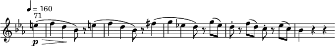 
\version "2.18.2"
\relative c'' {
  \key ees \major
  \time 4/4
  \tempo 4 = 160
  \omit Staff.TimeSignature
  \partial 4 e4\p \> ^  \markup{71} (f d \! bes8) r e4 
  (f4 d bes8)  r fis'4 
  (g ees! d8) r g (es)
  d-. r f (d) c-. r ees (c)
  bes4 r r
}
