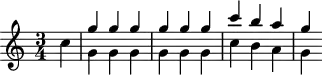 
\header {
  tagline = ##f
}
\score {
  \new Staff \with {
  }
<<
  \relative c'' {
    \key c \major
    \time 3/4
    \override TupletBracket #'bracket-visibility = ##f 
    %\autoBeamOff
     %%%%%%%%%%%%%%%%%%%%%%%%%% K61g II
     \partial 4 c4
     << { g' g g g g g c b a g } \\ { g,4 g g g g g c b a g } >>
  }
>>
  \layout {
    \context {
      \remove "Metronome_mark_engraver"
    }
  }
  \midi {}
}
