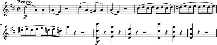 
 \relative c'' {
    \version "2.18.2"
    \key d \major 
    \tempo "Presto"
    \time 2/2
    \tempo 4 = 170
    d2\p (a4) a-!
    a (fis) r2
    d'4 (a gis a)
    a (fis) r2
    cis'8 (d cis d cis d cis d)
    dis8 (e dis e dis e dis e)
    eis8 (fis eis fis g e fis d!)
    a'4 r4 r2
    <d,, d' d'>4\f r4 <e cis' a'> r4
    <d a' fis'> r4 r2
    <d d' d'>4 r4 <e cis' a'> r4
    <d a' fis'> r4 r2
 }
