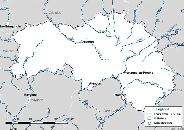 Carte des cours d'eau de longueur supérieure à 50 km de l'Orne.