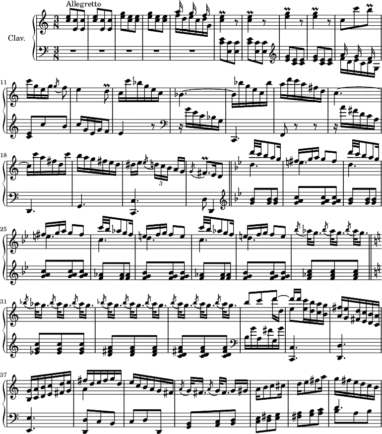 
\version "2.18.2"
\header {
  tagline = ##f
  % composer = "Domenico Scarlatti"
  % opus = "K. 548"
  % meter = "Allegretto"
}
%% les petites notes
trillDq       = { \tag #'print { d8\prall } \tag #'midi { e32 d e d } }
trillBq       = { \tag #'print { b8\prall } \tag #'midi { c32 b c b } }
trillCE       = { \tag #'print { < c e >4\prall } \tag #'midi { << { f32 e f e~ e8 } \\ { c4 } >> } }
trillEG       = { \tag #'print { < e g >4\prall } \tag #'midi { << { a32 g a g~ g8 } \\ { e4 } >> } }
trillFisqp    = { \tag #'print { fis8.\prall } \tag #'midi { g32 fis g fis~ fis16 } }
upper = \relative c'' {
  \clef treble 
  \key c \major
  \time 3/8
  \tempo 4. = 66
  \set Staff.midiInstrument = #"harpsichord"
  \override TupletBracket.bracket-visibility = ##f
      s8*0^\markup{Allegretto}
      \repeat unfold 2 { < c e >8 < e, c' > q } | \repeat unfold 2 { < e' g >8 < c e > q } | << { a'16 s16 g16 s16 f16 s16 } \\ { f16 d e c d g, } >> | \repeat unfold 2 { \trillCE r8 } |
      % ms. 8
      \repeat unfold 2 { \trillEG r8 } | c8 c' \trillBq | c16[ g e g] \acciaccatura g8 f8 | e4 \trillDq |
      % ms. 13
      c16 c' bes g e c | bes4.~ | bes16 bes' g e c bes' | a d c a fis d | c4.~ | c16 c' a fis d c' |
      % ms. 19
      b16 a g fis e d | dis e \acciaccatura e8 \times 2/3 { d16[ c b] } a16 g | \acciaccatura g8 \trillFisqp   \tempo 4. = 45 e16   \tempo 4. = 32 d8  \bar "||"  \tempo 4. = 66  \key g \minor
      % ms. 22
      \repeat unfold 2 { << { d''32 c bes8 a g16 | \omit TupletNumber  \times 2/3 { fis16[ g a] } g8 fis } \\ { d4. e } >> }
      % ms. 26
      \repeat unfold 2 { << { c'32 bes aes8 g f16 | \omit TupletNumber  \times 2/3 { e16[ f g] } f8 e } \\ { c4. d } >> }
      % ms. 30 
      \repeat unfold 3 { \acciaccatura bes'8 aes32[ g16.] }
      % ms. 31 ******************** C'est là qu'est l'os :
      \bar "||" \key c \major \acciaccatura bes8 aes32[ g16.]  \repeat unfold 2 {  \acciaccatura bes8 \key c \major aes32[ g16.] } | \repeat unfold 3 { \acciaccatura bes8 a32[ g16.] } | \repeat unfold 3 { \acciaccatura b8 a32[ g16.] }
      % ms. 34
      << { b8 c d~ | d16[ d] } \\ { s4 d16 d, | e8 < e c' >16 < d b' > < c a' > < b g' > } >> < a fis' >16 < g e' > < fis d' > < e c' > < d b' > < c a' > | < b g' > < c a' > < d b' > < e c' > < fis d' > < g e' > | << { fis'16 d e fis g d } \\ { a4 } >>
      % ms. 39
      e'16 c b a g fis | \repeat unfold 2 {  \acciaccatura a8 \key c \major g32[ fis16.] } g16 gis | a16 b8 c cis16 | d16 e8 fis a16 | g16 fis e d c b |
}
lower = \relative c' {
  \clef bass
  \key c \major
  \time 3/8
  \set Staff.midiInstrument = #"harpsichord"
  \override TupletBracket.bracket-visibility = ##f
    % **************************************
      R4.*5 | \repeat unfold 2 { < c e >8 < e, c' > q } |   \clef treble 
      % ms. 8
      \repeat unfold 2 { < e' g >8 < c e > q } | << { a'16 s16 g16 s16 f16 s16 } \\ { f16 d e c d g, } >> | < c e >8 c' b | c16 g e g f8 |
      % ms. 13
      e4 r8 |   \clef bass r16 g16 e c bes g | c,,4. | f8 r8 r8 | r16 a''16 fis d c a | d,,4. |
      % ms. 19
      g4. < c, c' > | d'8 d,4 || \bar "||" \key g \minor  \clef treble \repeat unfold 2 { < g'' bes >8 q q | < g a c > q q } |
      % ms. 26
      \repeat unfold 2 { < f aes >8 q q | < f g bes > q q }
      % ms. 30 ********* :
      < f aes c >8 q q || \key c \major \grace s8 < ees g c >8 q q | < d fis a > q q | < c d fis a > q q |   \clef bass
      % ms. 34
      b16 g' a, fis' g, g' | < c,,, c' >4. < d d' > < e e' > | < d d' >8 c' b |
      % ms. 39
      c8 d d, | < g b > < a c > < b d > | < c e > < d fis > < e g > | < fis a > < g b > < a c > | << { d4. } \\ { b8 a b } >>
}
thePianoStaff = \new PianoStaff <<
    \set PianoStaff.instrumentName = #"Clav."
    \new Staff = "upper" \upper
    \new Staff = "lower" \lower
  >>
\score {
  \keepWithTag #'print \thePianoStaff
  \layout {
      #(layout-set-staff-size 17)
    \context {
      \Score
     \override SpacingSpanner.common-shortest-duration = #(ly:make-moment 1/2)
      \remove "Metronome_mark_engraver"
    }
  }
}
\score {
  \keepWithTag #'midi \thePianoStaff
  \midi { }
}
