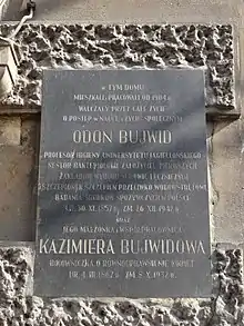 Plaque en mémoire de Kazimiera et Odo Bujwid, apposée sur la façade de leur ancien domicile à Cracovie.