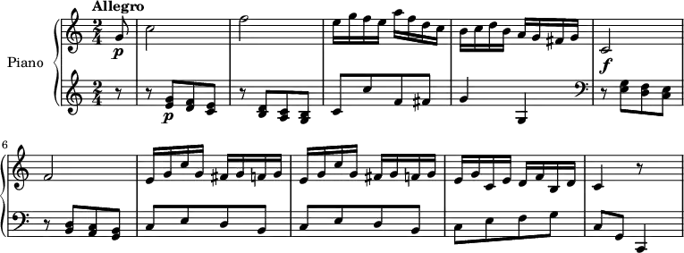 
\version "2.14.2"
\header {
  tagline = ##f
}
upper= \relative c {
  \clef treble
  \key c \major
  \time 2/4
  \tempo "Allegro"
  \tempo 4 = 100
  \set Staff.midiInstrument = #"piano"
   \partial 8 g''8\p c2 f2
   e16 g f e a f d c 
   b c d b a g fis g
   c,2\f f2
   \repeat unfold 2 { e16 g c g fis g f! g }
   e16 g c, e d f b, d c4 r8 s8   
}
lower=\relative c {
  \clef treble
  \key c \major
  \time 2/4
  \set Staff.midiInstrument = #"piano"
    \partial 8 r8
     r8 < g'' e >8\p[ < f d > < e c >]  
     r8 < d b >8[ < c a > < b g >]       
     c[ c' f, fis]
     g4 g,
     \clef bass r8 < g e >8[ < f d > < e c >] % << {e_ [d c]}\\{g'^[f e]}>> 
     r8 < d b >8[ < c a > < b g >]
     \repeat unfold 2 { c8[ e d b] }
     c8[ e f g] c, g c,4 
}
\score {
       \new PianoStaff \with { instrumentName = #"Piano" }
       <<
         \new Staff = "upper" \upper
         \new Staff = "lower" \lower
       >>
\layout { }
\midi { } }
