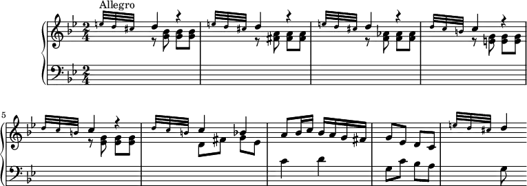 
\version "2.18.2"
\header {
  tagline = ##f
  % composer = "João de Sousa Carvalho"
  % opus = ""
  % meter = "Allegro"
}
%% les petites notes
%trillBesp     = { \tag #'print { bes4.\prall } \tag #'midi { c32 bes c bes~ bes4 } }
upper = \relative c'' {
  \clef treble 
  \key g \minor
  \time 2/4
  \tempo 4 = 92
  \set Staff.midiInstrument = #"harpsichord"
  \override TupletBracket.bracket-visibility = ##f
      s8*0^\markup{Allegro}
      \stemUp \repeat unfold 3 { \grace {  \tempo 4 = 28 e32 d cis }   \tempo 4 = 92 \stemUp d4 r4 } 
      \repeat unfold 2 {  \grace { \tempo 4 = 28 d32 c b } \stemUp \tempo 4 = 92 c4 r4 } 
      \grace { \tempo 4 = 28 d32 c b } \stemUp \tempo 4 = 92 c4 bes
      % ms. 7
      a8 bes16 c bes a g fis | g8 ees d c | \grace { \tempo 4 = 28 e'32 d cis } \stemUp \tempo 4 = 92 d4
      % ms. x
      % ms. x
      % ms. x
}
lower = \relative c' {
  \clef bass
  \key g \minor
  \time 2/4
  \set Staff.midiInstrument = #"harpsichord"
  \override TupletBracket.bracket-visibility = ##f
    % ************************************** \appoggiatura a16  \repeat unfold 2 {  } \times 2/3 { }   \omit TupletNumber 
      \grace s16. \stemDown \change Staff = "upper"  r8 < g' bes >8 q q | r8 < fis a >8 q q | r8 < f aes >8 q q | r8 < e g >8 q q | r8 < ees g >8 q q | \grace s16. d8 fis g ees | \stemNeutral \change Staff = "lower"
      % ms. 7
      c4 d | g,8 c bes a | \grace s16.  g8
      % ms. x
      % ms. x
      % ms. x
}
thePianoStaff = \new PianoStaff <<
    \set PianoStaff.instrumentName = #"Clav."
    \new Staff = "upper" \upper
    \new Staff = "lower" \lower
  >>
\score {
  \keepWithTag #'print \thePianoStaff
  \layout {
      #(layout-set-staff-size 17)
    \context {
      \Score
     \override SpacingSpanner.common-shortest-duration = #(ly:make-moment 1/2)
      \remove "Metronome_mark_engraver"
    }
  }
}
\score {
  \keepWithTag #'midi \thePianoStaff
  \midi { }
}
