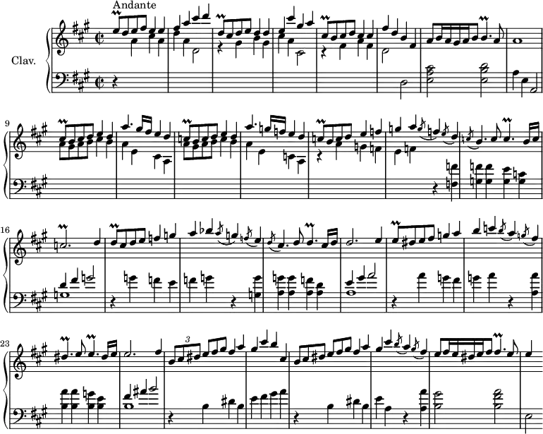 
\version "2.18.2"
\header {
  tagline = ##f
  % composer = "Domenico Scarlatti"
  % opus = "K. 279"
  % meter = "Allegro"
}
%% les petites notes
trillEq         = { \tag #'print { e8\prall } \tag #'midi { fis32 e fis e } }
trillDqDown     = { \tag #'print { d,8\prall } \tag #'midi { e32 d e d } }
trillCisqDown   = { \tag #'print { cis,8\prall } \tag #'midi { d32 cis d cis } }
trillCisq       = { \tag #'print { cis8\prall } \tag #'midi { d32 cis d cis } }
trillCq         = { \tag #'print { c8\prall } \tag #'midi { d32 c d c } }
trillBq         = { \tag #'print { b4.\prall } \tag #'midi { cis32 b cis b~ b4 } }
trillCp         = { \tag #'print { c4.\prall } \tag #'midi { d32 c d c~ c4 } }
trillCbp        = { \tag #'print { c2.\prall } \tag #'midi { d32 c d c~ c8~ c2 } }
trillDq         = { \tag #'print { d8\prall } \tag #'midi { e32 d e d } }
trillDp         = { \tag #'print { d4.\prall } \tag #'midi { e32 d e d~ d4 } }
trillDisp       = { \tag #'print { dis4.\prall } \tag #'midi { e32 dis e dis~ dis4 } }
trillEp         = { \tag #'print { e4.\prall } \tag #'midi { fis32 e fis e~ e4 } }
trillFisp       = { \tag #'print { fis4.\prall } \tag #'midi { gis32 fis gis fis~ fis4 } }
upper = \relative c'' {
  \clef treble 
  \key a \major
  \time 2/2
  \tempo 2 = 68
  \set Staff.midiInstrument = #"harpsichord"
  \override TupletBracket.bracket-visibility = ##f
      s8*0^\markup{Andante}
      \stemUp \trillEq d8 e fis e4 e | fis a cis d | \trillDqDown cis8 d e d4 d | e cis' gis a |
      % ms. 5
      \trillCisqDown b8 cis d cis4 cis | fis d b fis | a8 b16 a gis a b8 \trillBq a8 | a1 | \trillCisq b8 cis d e4 d |
      % ms. 10
      a'4. gis16 fis e4 d | \trillCq b8 c d e4 d | a'4. g16 f e4 d | \trillCq b8 c d e4 f |
      % ms. 14
      g4 a \acciaccatura g8 f4 \acciaccatura e8 d4 | \acciaccatura c8 b4. c8 \trillCp b16 c | \trillCbp d4 | \trillDq cis8 d e f4 g |
      % ms. 18
      a4 bes \acciaccatura a8 g4 \acciaccatura f8 e4 | \acciaccatura d8 cis4. d8 \trillDp cis16 d | d2. e4 | \trillEq dis8 e fis g4  a | b c \acciaccatura b8 a4 \acciaccatura g8 fis4 |
      % ms. 23
      \trillDisp e8 \trillEp dis16 e | e2. fis4 | \times 2/3 { b,8 cis dis }   \omit TupletNumber \times 2/3 { e8[ fis gis] }  fis4 a | gis  cis b cis, |
      % ms. 27
      \times 2/3 { b8 cis dis }   \omit TupletNumber \times 2/3 { e8[ fis gis] }  fis4 a | gis cis \acciaccatura b8 a4 \acciaccatura gis8 fis4 | e8 fis16 e dis e fis8 \trillFisp e8 | e4 s4
}
lower = \relative c' {
  \clef bass
  \key a \major
  \time 2/2
  \set Staff.midiInstrument = #"harpsichord"
  \override TupletBracket.bracket-visibility = ##f
    % ************************************** \appoggiatura a16  \repeat unfold 2 {  } \times 2/3 { }   \omit TupletNumber 
      r4 \stemDown \change Staff = "upper" a'4 cis a | d a d,2 | r4 gis b gis  | cis a cis,2
      % ms. 5
      r4 fis4 a fis | d2 \stemNeutral \change Staff = "lower" d,2 | < e a cis >2 < e b' d > a4 e a,2 | \stemDown \change Staff = "upper" a''8 gis a b cis4 b |
      % ms. 10
      a4 e cis a | a'8 gis a b c4 b | a e c a | r4 a'4 g f |
      % ms. 14
      e f \stemNeutral \change Staff = "lower" r4 < f, f' >4 < g f' > q < g e' > < g c > | << { d'4 fis g2 } \\ { g,1 } >> | r4 g'4 f e | 
      % ms. 18
      f4 g r4 < g, g' >4 < a g' > q < a f' > < a d > | << { e'4 gis a2 } \\ { a,1 } >> | r4 a'4 g fis | g a r4 < a, a' >4 |
      % ms. 23
      < b a' >4 q < b g' > < b e > | << { fis'4 ais b2 } \\ { b,1 } >> | r4 b4 dis b | e fis gis a |
      % ms. 27
      r4 b,4 dis b | e a, r4 < a a' >4 | < b gis' >2 < b fis' a > | e,2
}
thePianoStaff = \new PianoStaff <<
    \set PianoStaff.instrumentName = #"Clav."
    \new Staff = "upper" \upper
    \new Staff = "lower" \lower
  >>
\score {
  \keepWithTag #'print \thePianoStaff
  \layout {
      #(layout-set-staff-size 17)
    \context {
      \Score
     \override SpacingSpanner.common-shortest-duration = #(ly:make-moment 1/2)
      \remove "Metronome_mark_engraver"
    }
  }
}
\score {
  \keepWithTag #'midi \thePianoStaff
  \midi { }
}
