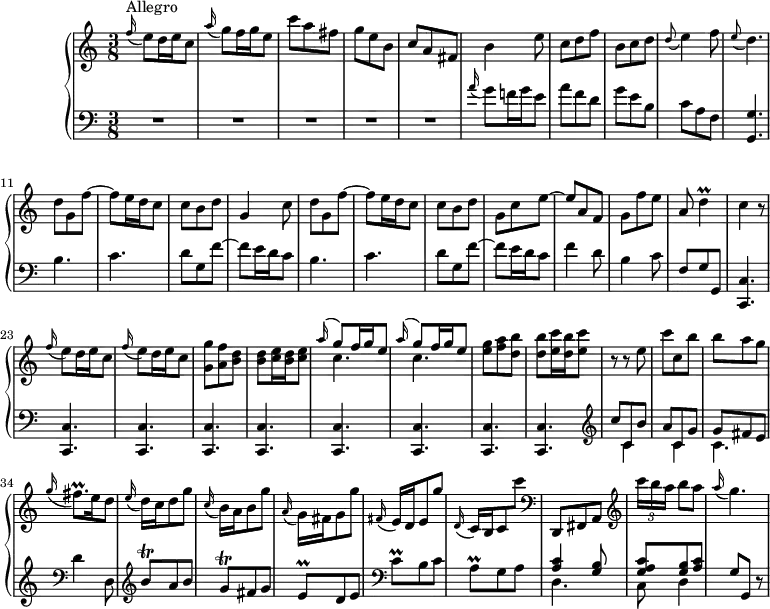 
\version "2.18.2"
\header {
  tagline = ##f
  % composer = "Domenico Scarlatti"
  % opus = "K. 243"
  % meter = "Allegro"
}
%% les petites notes
trillFisqp      = { \tag #'print { fis8.\prall } \tag #'midi { g32 fis g fis~ fis16 } }
trillD          = { \tag #'print { d4\prall } \tag #'midi { e32 d e d~ d8 } }
trillBqUpUp     = { \tag #'print { b''8\trill } \tag #'midi { c32 b c b } }
trillGq         = { \tag #'print { g8\trill } \tag #'midi { a32 g a g } }
trillCq         = { \tag #'print { c8\prall } \tag #'midi { d32 c d c } }
trillEq         = { \tag #'print { e8\prall } \tag #'midi { f32 e f e } }
trillAq         = { \tag #'print { a8\prall } \tag #'midi { b32 a b a } }
upper = \relative c'' {
  \clef treble 
  \key c \major
  \time 3/8
  \tempo 4. = 72
      s8*0^\markup{Allegro}
      \appoggiatura f16 e8 d16 e c8 | \appoggiatura a'16 g8 f16 g e8 | c'8 a fis | g e b | c a fis | b4 e8 |
      % ms. 7
      c8 d f | b, c d | \appoggiatura d8 e4 f8 | \appoggiatura e8 d4. | d8 g, f'~ | f e16 d c8 |
      % ms. 13
      c8 b d | g,4 c8 | d g, f'8~ | f e16 d c8 | c b d | g, c e~ |
      % ms. 19
      e8 a, f | g f' e | a, \trillD | c4 r8 | \repeat unfold 2 { \appoggiatura f16 e8 d16 e c8 } |
      % ms. 25
      < g g' >8 < a f' > < b d > | q < c e >16  < b d > < c e >8 | \repeat unfold 2 { << { \appoggiatura a'16 \stemUp g8 f16 g e8 } \\ { c4. } >> }
      < e g >8 < f a > < d b' > | q < e c' >16 < d b' > < e c' >8 |
      % ms. 31
      r8 r8 e8 | c'c, b' | b a g | \appoggiatura g16 \trillFisqp e16 d8 | 
      \appoggiatura e16 d16 c d8 g | \appoggiatura c,16 b16 a b8 g' | \appoggiatura a,16 g16 fis g8 g' |
      % ms. 38
      \appoggiatura fis,16 e16 d e8 g' | \appoggiatura d,16 \stemUp c16 b c8 \stemDown  c'' | \stemNeutral  \clef bass d,,,,8  fis a    \clef treble  |
      \times 2/3 { c'''16[ b a] } b8 a | \appoggiatura a16 g4. |
}
lower = \relative c' {
  \clef bass
  \key c \major
  \time 3/8
    % ************************************** \appoggiatura a16  \repeat unfold 2 {  } \times 2/3 { }   \omit TupletNumber 
      \appoggiatura s16 % bug
      R4.*5 |  \appoggiatura a'16 g8 f!16 g e8 | 
      % ms. 7
      a8 f d | g e b | c a f | < g, g' >4. | \repeat unfold 2 { b'4. c |
      % ms. 13
      d8 g, f'~ | f e16 d c8 } |
      % ms. 19
      f4 d8 | b4 c8 | f,8 g g, | \repeat unfold 9 { < c, c' >4. }   \clef treble |
      % ms. 31
      << { c'''8 c,b' | a c, g' | g fis e } \\ { s8 c4 s8 c4 c4. } >>   \clef bass | d4 d,8 \clef treble |
      \trillBqUpUp a8 b | \trillGq fis8 g | \trillEq d8 e  \clef bass |
      % ms. 38
      \trillCq b8 c | \trillAq g8 a | 
      << { < a c >4 < g b >8 | < g a c > < g b > < a c > } 
       \\ { d,4. | c8 d4 } >> g8 g, r8 |
}
thePianoStaff = \new PianoStaff <<
    \set PianoStaff.instrumentName = #"Clav."
    \new Staff = "upper" \upper
    \new Staff = "lower" \lower
  >>
\score {
  \keepWithTag #'print \thePianoStaff
  \layout {
      #(layout-set-staff-size 17)
    \context {
      \Score
     \override TupletBracket.bracket-visibility = ##f
     \override SpacingSpanner.common-shortest-duration = #(ly:make-moment 1/2)
      \remove "Metronome_mark_engraver"
    }
  }
}
\score {
  \keepWithTag #'midi \thePianoStaff
  \midi { \set Staff.midiInstrument = #"harpsichord" }
}
