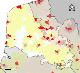 Localisation de l'aire d'attraction de Bapaume dans le département du Pas-de-Calais.