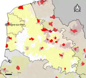 Localisation de l'aire d'attraction de Boulogne-sur-Mer dans le département du Pas-de-Calais.