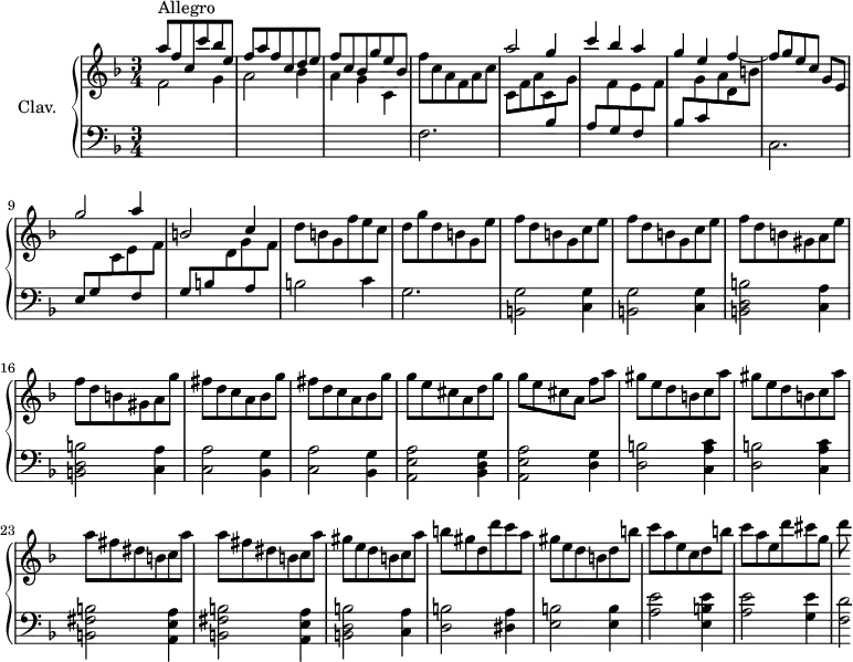 
\version "2.18.2"
\header {
  tagline = ##f
}
%% les petites notes
trillBesp     = { \tag #'print { bes4.\prall } \tag #'midi { c16 bes c bes c bes } }
upper = \relative c'' {
  \clef treble 
  \key f \major
  \time 3/4
  \tempo 4 = 142
  \set Staff.midiInstrument = #"harpsichord"
      s8*0^\markup{Allegro}
      \stemUp a'8 f c c' bes e, | f a f c d e | f c bes g' e bes | \stemNeutral f' c a f a c | \stemUp a'2 g4 |
      % ms. 6
      c4 bes a | g e f~ | f8 g e c g[ e] |  g'2 a4 | b,2 c4 | \stemNeutral
      % ms. 11
      d8 b g f' e c | d g d b g e' | \repeat unfold 2 { f8 d b g c e } | f d b gis a e' |
      % ms. 16
      f8 d b gis a g' | \repeat unfold 2 { fis8 d c a bes g' } | g8 e cis a d g | g e cis a f'[ a] |
      % ms. 21
      \repeat unfold 2 { gis8 e d b c a' } | \repeat unfold 2 { a fis dis  b c a' } | gis e d b c a' | 
      % ms. 26
      b8 gis d d' c a | gis e d b d b' | c a e c d b' | c a e d' cis g | d'
      % ms. 2
}
lower = \relative c' {
  \clef bass
  \key f \major
  \time 3/4
  \set Staff.midiInstrument = #"harpsichord"
    % **************************************
      \stemDown \change Staff = "upper" f2 g4 | a2 bes4 | a g c, | \change Staff = "lower" f,2. |
      % ms. 5
      \change Staff = "upper" c'8 f a c, \stemUp \change Staff = "lower" bes \stemDown \change Staff = "upper" g' |
      % ms. 6
      \stemUp \change Staff = "lower" a,  \stemDown \change Staff = "upper" f' \stemUp \change Staff = "lower" g, \stemDown \change Staff = "upper" e'  \stemUp \change Staff = "lower" f, \stemDown \change Staff = "upper" f' |
      % ms. 7
      \stemUp \change Staff = "lower" bes, \stemDown \change Staff = "upper" g' \stemUp \change Staff = "lower"  c, \stemDown \change Staff = "upper" a' d, b' \change Staff = "lower" c,,2.
      % ms. 9
      \stemUp e8 g \stemDown \change Staff = "upper" c e \stemUp \change Staff = "lower" f, \stemDown \change Staff = "upper" f' | \stemUp \change Staff = "lower" g,8 b \stemDown \change Staff = "upper" d g \stemUp \change Staff = "lower" a, \stemDown \change Staff = "upper" f' | \change Staff = "lower"
      % ms. 11
      b,2 c4 | g2. | \repeat unfold 2 { < b, g' >2 < c g' >4 } | \repeat unfold 2 { < b d b' >2 < c a' >4 } |
      % ms. 17
      \repeat unfold 2 { < c a' >2 < bes g' >4 } |  < a e' a >2 < bes d g >4 | < a e' a >2 < d g >4 |
      % ms. 21
      \repeat unfold 2 { < d b'  >2 < c a' c >4 } | \repeat unfold 2 { < b fis' b >2 < a e' a >4 } | < b d b' >2 < c a' >4 |
      % ms. 26 
      < d b' >2 < dis a' >4 | < e b' >2 q4 | < a e' >2 < e b' e >4 | < a e' >2 < g e' >4 | < f d' >2*1/4
}
thePianoStaff = \new PianoStaff <<
    \set PianoStaff.instrumentName = #"Clav."
    \new Staff = "upper" \upper
    \new Staff = "lower" \lower
  >>
\score {
  \keepWithTag #'print \thePianoStaff
  \layout {
      #(layout-set-staff-size 17)
    \context {
      \Score
     \override SpacingSpanner.common-shortest-duration = #(ly:make-moment 1/2)
      \remove "Metronome_mark_engraver"
    }
  }
}
\score {
  \keepWithTag #'midi \thePianoStaff
  \midi { }
}
