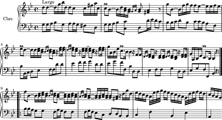 
\version "2.18.2"
\header {
  tagline = ##f
  % composer = "Domenico Scarlatti"
  % opus = "K. deest"
  % meter = "Largo"
}
%% les petites notes
trillCq         = { \tag #'print { c8\prall } \tag #'midi { d64 c d c~ c16 } }
trillEesq       = { \tag #'print { ees8\prall } \tag #'midi { f64 ees f ees~ ees16 } }
trillCqp        = { \tag #'print { c8.\prall } \tag #'midi { d64 c d c~ c8 } }
upper = \relative c'' {
  \clef treble 
  \key g \minor
  \time 4/4
  \tempo 4 = 44
  \set Staff.midiInstrument = #"harpsichord"
  \override TupletBracket.bracket-visibility = ##f
  \repeat volta 2 {
      s8*0^\markup{Largo}
      d8 d~ d16 g bes d, d8 c c16 fis a c, | \trillCq bes8~  bes16 d < a c > < g bes > \grace { g16 a } < g bes >8 < fis a >4 r8 |
      % ms. 3
      g'8 bes,~ bes16 f' g f f8 ees~ ees16 ees f ees | \trillEesq d8~ d16 d < c ees > < bes d > \grace { bes16 c } < bes d >8 < a c > r16 < d f >8 q16 | \grace { d16 ees } < d f >8 < c ees > r16 < c ees >8 q16~ q8 < bes d >8 r16 < d f >8 q16 |
      % ms. 6
      g16 a, bes ees \trillCqp bes16 bes4 r16 f8 f16 | \grace { d16 ees } < d f >8 < c ees > r16 < c ees >8 q16 \grace { d16 ees } < c ees >8 < bes d > r16 < d f >8 q16 | g16 a, bes ees \trillCqp bes16 bes4 r4 }%repet
      % ms. 9
      \bar ":..:" f''8 bes,~ bes16 < bes d > < c ees > < bes d > \grace { bes16 c } < bes d >8 < a c >8~ q16 q < bes d > < a c > | \grace { a16 bes } < a c >8 < g bes >~ q16 q < a c > < g bes > q8 < fis a > r16 d'16 g d | ees d c bes a32 ees' f g f16[ ees] d c bes a g32 d' ees f ees16[ d] |
      % ms. 12
      c16 bes a g
      % ms. 14
}
lower = \relative c' {
  \clef bass
  \key g \minor
  \time 4/4
  \set Staff.midiInstrument = #"harpsichord"
  \override TupletBracket.bracket-visibility = ##f
  \repeat volta 2 {
    % ************************************** \appoggiatura a16  \repeat unfold 2 {  } \times 2/3 { }   \omit TupletNumber 
      g8 g16 a bes8 g a a16 g fis8 d | g g16 a bes8 < c, c' > d d'16 ees d8 c |
      % ms. 3
      bes8 bes16 c d8 bes c c16 bes a8 f | bes bes,16 c d8 ees f f d' d | ees4 f8 f g4 d8 d | 
      % ms. 6
      ees g f f, bes4 d,8 d | ees4 f8 f g4 d8 d | ees g f f, bes4 r4 } %répet
      % ms. 9
      bes'8 bes16 a g8 g f a16 g f8 f | f g16 f ees8 c d d bes bes | c4 f bes, ees |
      % ms. 12
      a,4
      % ms. 14
}
thePianoStaff = \new PianoStaff <<
    \set PianoStaff.instrumentName = #"Clav."
    \new Staff = "upper" \upper
    \new Staff = "lower" \lower
  >>
\score {
  \keepWithTag #'print \thePianoStaff
  \layout {
      #(layout-set-staff-size 17)
    \context {
      \Score
     \override SpacingSpanner.common-shortest-duration = #(ly:make-moment 1/2)
      \remove "Metronome_mark_engraver"
    }
  }
}
\score {
  \keepWithTag #'midi \thePianoStaff
  \midi { }
}
