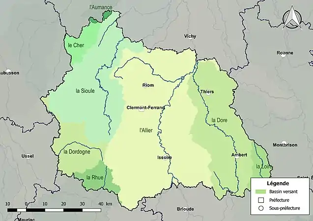 Les principaux bassins versants du Puy-de-Dôme.