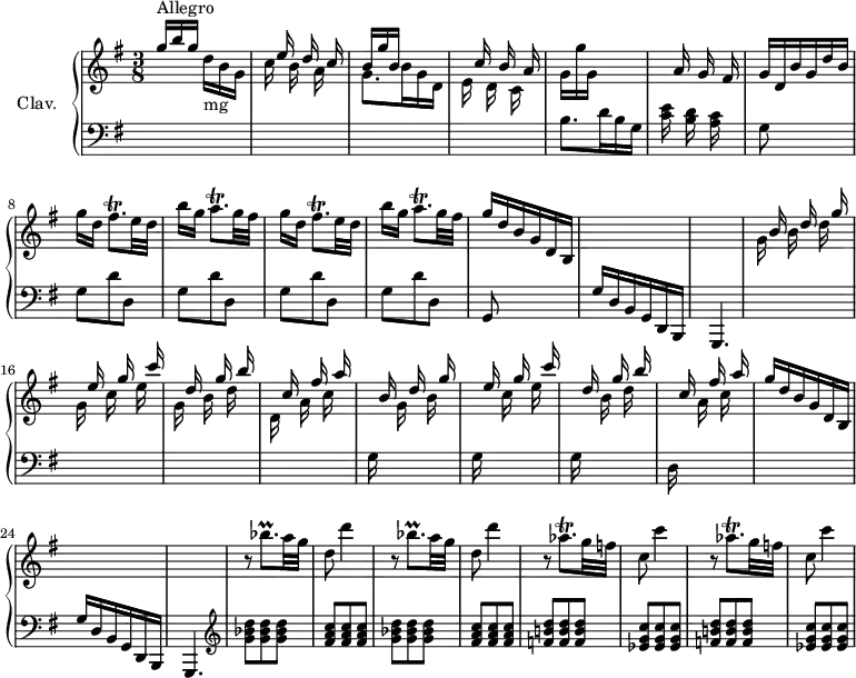 
\version "2.18.2"
\header {
  tagline = ##f
}
%% les petites notes
trillFis     = { \tag #'print { fis8.\trill } \tag #'midi {  g32 fis g fis~ fis16 } }
trillA       = { \tag #'print { a8.\trill } \tag #'midi {  b32 a b a~ a16 } }
trillAes     = { \tag #'print { aes8.\trill } \tag #'midi {  a32 aes a aes~ aes16 } }
trillBes     = { \tag #'print { bes''8.\prall } \tag #'midi {  c32 bes c bes~ bes16 } }
cMuet        = { \tag #'print { c8 } \tag #'midi {  s8 } }
upper = \relative c'' {
  \clef treble 
  \key g \major
  \time 3/8
  \tempo 4. = 60
  \set Staff.midiInstrument = #"harpsichord"
   \stemUp g'16^\markup{Allegro} b g  \stemDown d-\markup{mg}[ b g] | << { s16 e'16 s16 d16 s16 c16 | b g' b, s8. | s16 c16 s16 b16 s16 a16 } \\ { c16 s16 b16 s16 a16 s16 | g8. b16 g d | e s16 d16 s16 c16 s16 } >> | g'16 g' g, s8. | \stemNeutral s16 a16 s16 g16 s16 fis16 | 
   % ms. 7
   g16 d b' g d' b | \repeat unfold 2 { g'[ d] \trillFis e32 d | b'16[ g] \trillA g32 fis } | g16 d b g d b | s4. s4.
   << { \repeat unfold 2 { s16 b'16 s16 d16 s16 g16 | s16 e16 s16 g16 s16 c16 | s16 d,16 s16 g16 s16 b16 | s16 c,16 s16 fis16 s16 a16 } } \\ { g,16 s16 b16 s16 d16 s16 | g,16 s16 c16 s16 e16 s16 | g,16 s16 b16 s16 d16 s16 | d,16 s16 a'16 s16 c16 s16 | s8 g16 s16 b s16 | s8 c16 s16 e s16 | s8 b16 s16 d s16 | s8 a16 s16 c s16 } >> g'16 d b g d b | s4. | s4.
   % ms. 26
   \repeat unfold 2 { r8 \trillBes a32 g | d8 d'4 } | \repeat unfold 2 { r8 \trillAes g32 f! | \cMuet c'4 }
}
lower = \relative c' {
  \clef bass
  \key g \major
  \time 3/8
  \omit Staff.TimeSignature
  \set Staff.midiInstrument = #"harpsichord"
    % **************************************
   s4.*4 b8. d16 b g | < c e >16 s16 < b d >16 s16 < a c >16 s16 | 
   % ms. 7
   g8 s4 | \repeat unfold 4 { g8 d' d, } | g,8 s4 | g'16 d b g d b | g4. | s4.*4
   % ms. 19
   \repeat unfold 3 { g''16 s16 s16 s8. } | d16 s16 s16 s8. | s4. | g16 d b g d b | g4.
   % ms. 26
     \clef treble \relative c'' \repeat unfold 2 { < g bes d >8-\tweak stencil ##f \p q q | < fis a c >8 q q } | \relative c' \repeat unfold 2 { < f b! d >8 < f b d > q | < ees g c >8 q q }
} 
thePianoStaff = \new PianoStaff <<
    \set PianoStaff.instrumentName = #"Clav."
    \new Staff = "upper" \upper
    \new Staff = "lower" \lower
  >>
\score {
  \keepWithTag #'print \thePianoStaff
  \layout {
      #(layout-set-staff-size 17)
    \context {
      \Score
     \override SpacingSpanner.common-shortest-duration = #(ly:make-moment 1/2)
      \remove "Metronome_mark_engraver"
    }
  }
}
\score {
  \keepWithTag #'midi \thePianoStaff
  \midi { }
}
