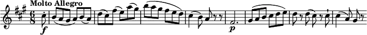 
 \relative c'' {
    \version "2.18.2"
    \key a \major 
    \time 6/8
    \tempo "Molto Allegro"
    \tempo 4 = 140
   \partial 8  cis8-.\f
   b ( a gis a) b (a)
   d (cis) fis (e) a (gis)
   b (a gis fis e d)
   cis4 (b8) a r r
   fis2.\p
   gis8 (a b cis d e)
   d r8 d (cis) r8 cis-!
   cis4 (a8) gis r8
}
