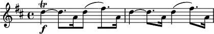 
\header {
  tagline = ##f
}
\score {
  \new Staff \with {
  }
<<
  \relative c'' {
    \key d \major
    \time 4/4
    \override TupletBracket #'bracket-visibility = ##f 
    \autoBeamOff
     %%%%%%%%%%%%%%%%%%%%%%%%%% K19
     d4\trill~\f d8.[ a16 d4( fis8.)[ a,16] d4~ d8.[ a16] d4( fis8.)[ a,16]
  }
>>
  \layout {
    \context {
      \remove "Metronome_mark_engraver"
    }
  }
  \midi {}
}
