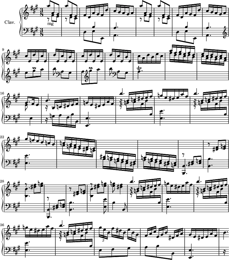 
\version "2.18.2"
\header {
  tagline = ##f
  % composer = "Domenico Scarlatti"
  % opus = "K. deest"
  % meter = "Allegro"
}
%% les petites notes
trillGisq     = { \tag #'print { gis8\prall } \tag #'midi { a32 gis a gis } }
trillGisqUp   = { \tag #'print { gis''8\prall } \tag #'midi { a32 gis a gis } }
trillAp       = { \tag #'print { a4.\trill } \tag #'midi { b32 a b a b a~ a16 a8 } }
upper = \relative c'' {
  \clef treble 
  \key a \major
  \time 3/8
  \tempo 4. = 66
  \set Staff.midiInstrument = #"harpsichord"
  \override TupletBracket.bracket-visibility = ##f
      %s8*0^\markup{Allegro}
      \repeat unfold 2 { \stemUp  a'8 a, gis | a' fis, e | \stemNeutral fis16 d a' gis fis d' | cis b a gis   \tempo 4. = 45 a8   \tempo 4. = 66 } | 
      % ms. 9
      \repeat unfold 2 { cis16 e, d' e, cis' e, | d' e, cis' e, b' e, } | cis'16 a d b e cis | \stemUp a'16 fis gis e fis d | % fis d e cis d b |
      % ms. 15
      e cis d b cis a | gis8. fis16 \tempo 4. = 45 e8 \tempo 4. = 66 | << { b'4. } \\ { r16 \stemUp b,16 c dis e fis } >> | g e dis e a fis | << { b'4. } \\ { r16 \stemUp b,16 c dis e fis } >> | g16 e dis e a fis |
      % ms. 21
      << { b4. } \\ { r16 \stemUp b,16 c dis e fis } >> | gis16 f e d c b | c b a g fis e | \change Staff = "lower" dis c b a g fis | c'16 b a g fis e |
      % ms. 26
      \repeat unfold 2 { \stemUp \change Staff = "lower" r8 < dis fis >8 < e g >  \stemNeutral  \change Staff = "upper" r8 < dis' fis >8 < e g > | fis'8\rest < dis fis >8 < e g >  } | q8 < dis fis >4 << { b'4. } \\ { r16 \stemUp b,16 c dis e fis } >> |
      % ms. 34
      \repeat unfold 2 { g16 e dis e a fis |  << { b4. } \\ { r16 \stemUp b,16 c dis e fis } >> } |
      % ms. 38
      \times 2/3 { gis16 e b }   \omit TupletNumber \times 2/3 { fis'16[ dis b] }  \times 2/3 { e16 b gis }  \times 2/3 { fis16 a cis } \times 2/3 { e,16[ gis b] }  \times 2/3 { dis,16 fis a } |
      % ms. 40
      gis16 e dis e a fis | b4.*1/4
}
lower = \relative c' {
  \clef bass
  \key a \major
  \time 3/8
  \set Staff.midiInstrument = #"harpsichord"
  \override TupletBracket.bracket-visibility = ##f
    % ************************************** \appoggiatura a16  \repeat unfold 2 {  } \times 2/3 { }   \omit TupletNumber 
      s8*0-\markup{mg} \repeat unfold 2 { \stemDown \change Staff = "upper" b8\rest fis'8 e | b8\rest d8 cis | \stemNeutral \change Staff = "lower" << { s8 b4 | a4. } \\ { d,8 e e, | a4. } >> }
      % ms. 9
       \clef treble  e'''8 \trillGisq  a8 | b  \clef bass  a,,8[ gis] | a  \clef treble \trillGisqUp  a8 | b   \clef bass  a,,8[ gis] | \trillAp | \stemDown \change Staff = "upper"  fis''16 d e cis d b  |
      % ms. 15
      cis16 a b gis a fis | e8 \stemNeutral \change Staff = "lower"  e,4 | r16 g16 a fis b b, | < e, e' >4. | \repeat unfold 2 { \stemDown \change Staff = "upper" r16 g''16 a fis b \stemUp \change Staff = "lower" b, | \stemNeutral < e, e' >4. }
      % ms. 23
      \stemDown \change Staff = "upper"  a'16 g fis e dis c  | \stemNeutral \change Staff = "lower" b16 a g fis e dis | a' g fis e dis c |
      % ms. 26
      < b, b' >4. | < b' b' > \stemDown \change Staff = "upper" | < b' b' > | \stemNeutral \change Staff = "lower"  < b,, b' >4. | < b' b' > \stemDown \change Staff = "upper" | < b' b' >4 \stemNeutral \change Staff = "lower" < e, e' >8 | b'4 b,8 | \repeat unfold 2 { \stemDown \change Staff = "upper" r16 g''16 a fis b \stemUp \change Staff = "lower" b, | \stemNeutral < e, e' >4. }
      % ms. 37
      \stemDown \change Staff = "upper" r16 g'16 a fis b \stemUp \change Staff = "lower" b, | \stemNeutral e,8 fis gis |
      % ms. 39
      a8 b b, | < e, e' >4. | r16 s32
}
thePianoStaff = \new PianoStaff <<
    \set PianoStaff.instrumentName = #"Clav."
    \new Staff = "upper" \upper
    \new Staff = "lower" \lower
  >>
\score {
  \keepWithTag #'print \thePianoStaff
  \layout {
      #(layout-set-staff-size 17)
    \context {
      \Score
     \override SpacingSpanner.common-shortest-duration = #(ly:make-moment 1/2)
      \remove "Metronome_mark_engraver"
    }
  }
}
\score {
  \keepWithTag #'midi \thePianoStaff
  \midi { }
}
