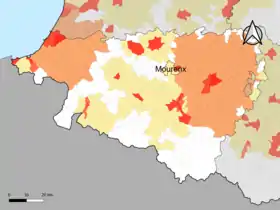 Localisation de l'aire d'attraction de Mourenx dans le département des Pyrénées-Atlantiques.