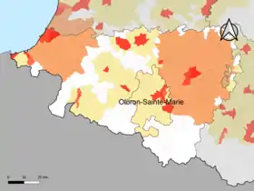 Localisation de l'aire d'attraction d'Oloron-Sainte-Marie dans le département des Pyrénées-Atlantiques.