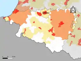 Localisation de l'aire d'attraction d'Orthez dans le département des Pyrénées-Atlantiques.