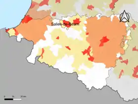 Localisation de l'aire d'attraction de Salies-de-Béarn dans le département des Pyrénées-Atlantiques.