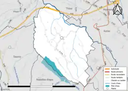 Carte en couleur présentant le réseau hydrographique de la commune