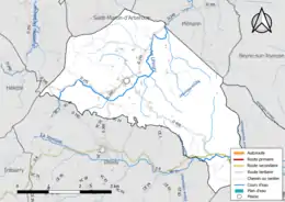 Carte en couleur présentant le réseau hydrographique de la commune