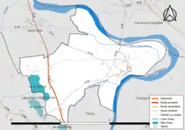 Carte en couleur présentant le réseau hydrographique de la commune