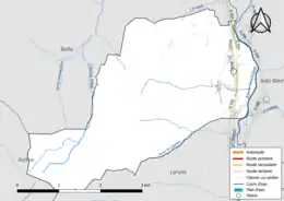 Carte en couleur présentant le réseau hydrographique de la commune