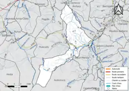 Carte en couleur présentant le réseau hydrographique de la commune