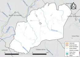 Carte en couleur présentant le réseau hydrographique de la commune