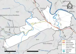 Carte en couleur présentant le réseau hydrographique de la commune