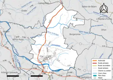 Carte en couleur présentant le réseau hydrographique de la commune