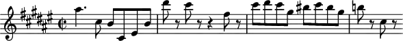 
\header {
  tagline = ##f
}
\score {
  \new Staff \with {
  }
<<
  \relative c'' {
    \key fis \major
    \time 2/2
    \tempo 2 = 68
    \override TupletBracket #'bracket-visibility = ##f 
    %\autoBeamOff
    \set Staff.midiInstrument = #"string ensemble 1"
     %%%%%%%%%%%%%%%%%%%%%%%%%% AB 3-4 th2
     ais'4. cis,8 b cis, eis b' dis'8 r8 cis r8 r4 fis,8 r8 cis' dis cis gis bis cis bis gis b!8 r8 cis,8 r8
  }
>>
  \layout {
    \context { \Score \remove "Metronome_mark_engraver"
    }
  }
  \midi {}
}
